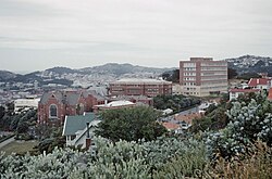 Buildings seen from a nearby hill